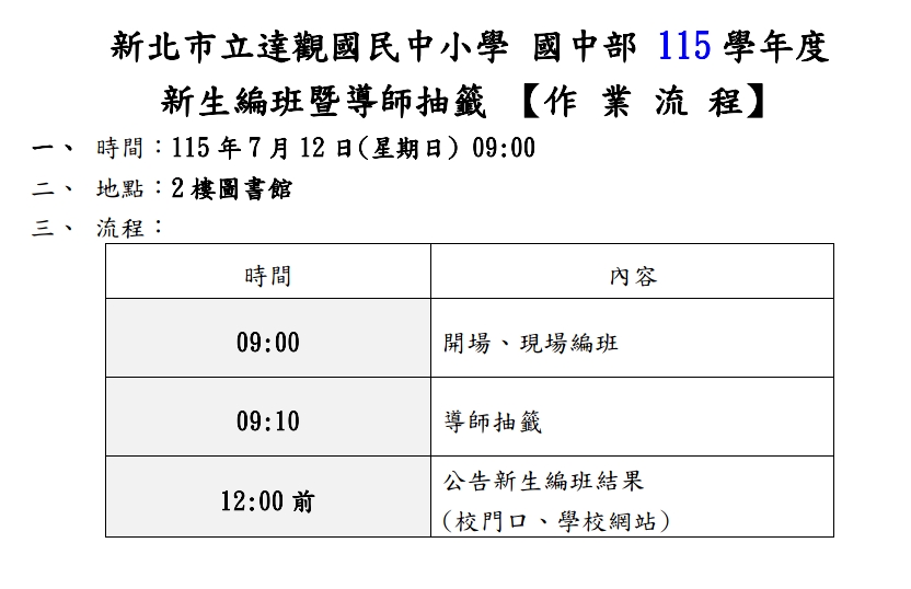 115學年度新生編班暨導師抽籤作業流程