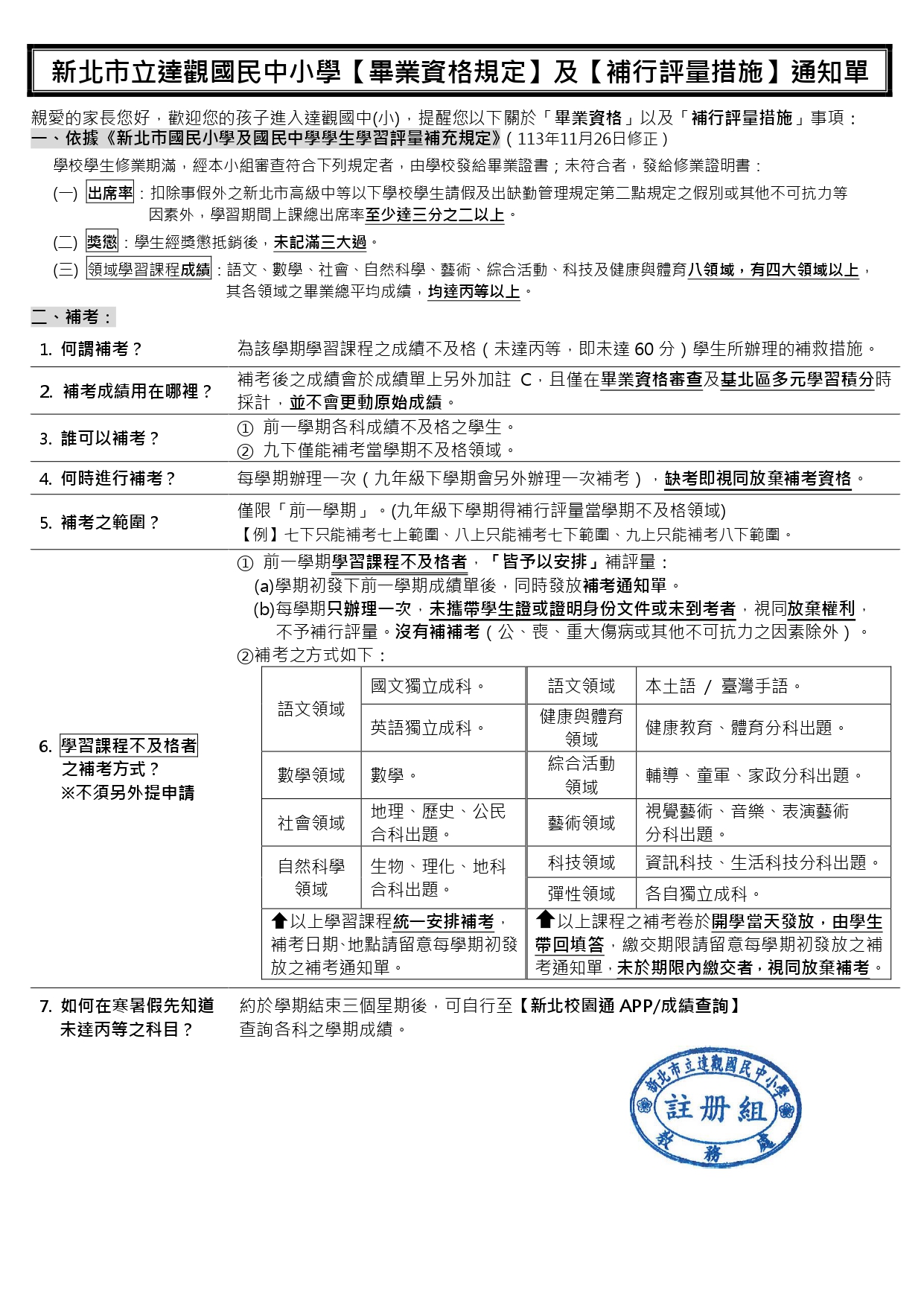 畢業資格及補行評量措施